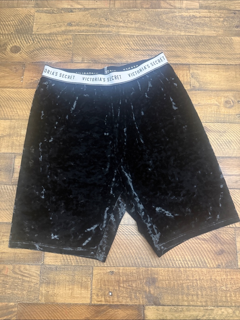 Victoria's Secret Black Crushed Velvet Biker Shorts with Logo Waistband